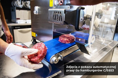 Pokaz automatycznej prasy do mięsa hamburgerów, klopsików, Maszyny do formowania napis (1).jpg